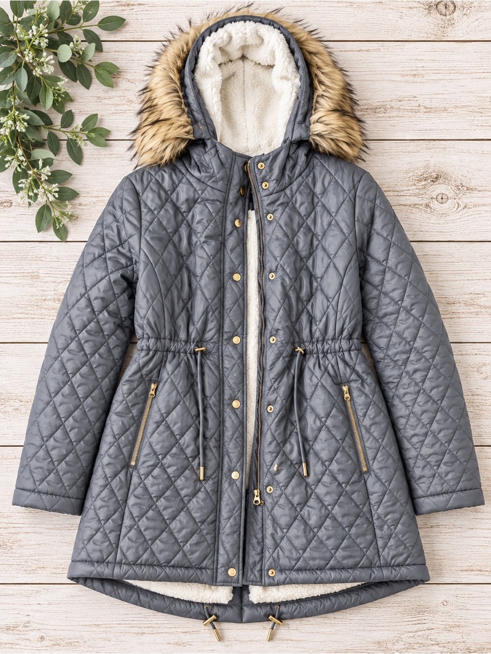 Jessica Simpson Gray Quilted Parka Faux Fur Hood Sherpa Lined L